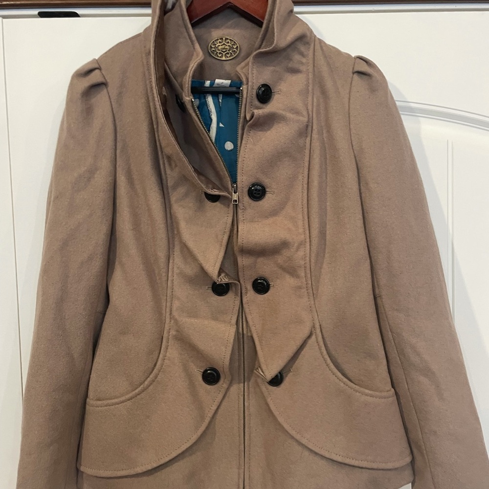 Anthropologie IDRA Cream Confection wool ruffle front jacket